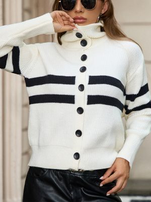 Classic Striped Collared Cardigan Sweater for Women