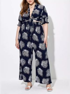 Plus Size Summer Digital Print Hawaii Short Sleeve Pants Set