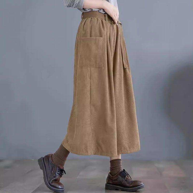 Autumn Winter Cropped Wide Leg Corduroy Pants with Pockets & Belt - Image 2