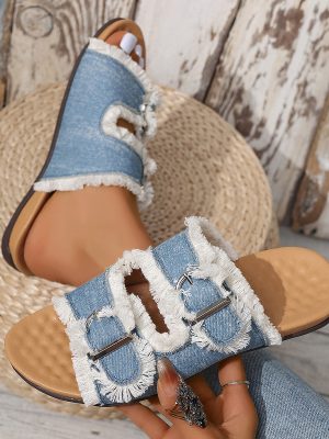 Blue Denim Double Buckle Slippers – Tassel Comfortable Women’s Sandals