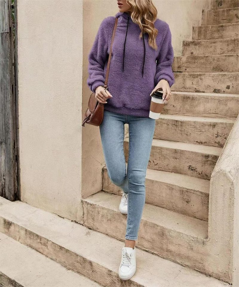 Popular Double Sided Plush Casual Hooded Pullover Loose Solid Color Top - Image 2
