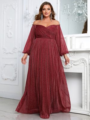 Plus Size Off Shoulder Long Sleeve Solid Color Cocktail Evening Gown