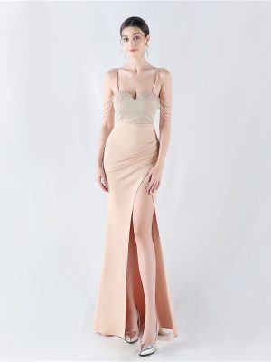 Sexy Satin Sling Evening Dress with Rhinestone Beading