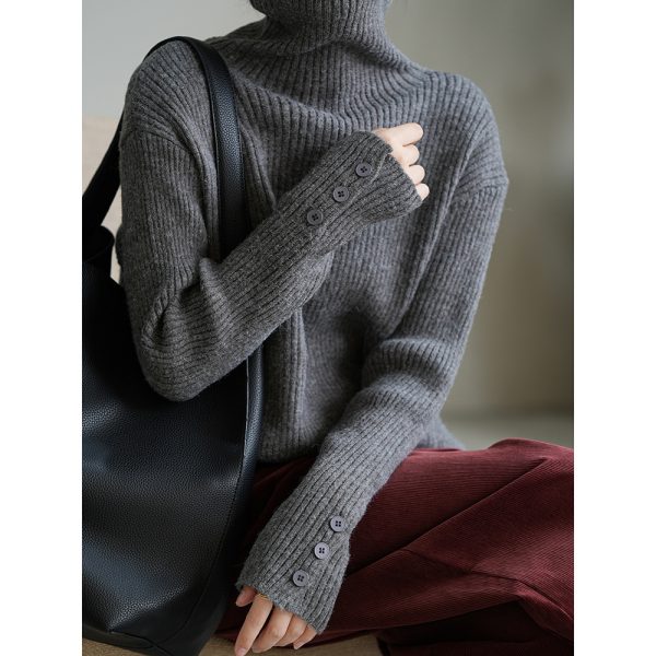 Women’s Soft Turtleneck Buttoned Slim Knit Sweater - Image 3