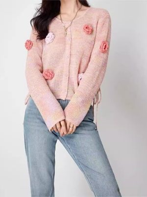 Handmade Pink Floral Thin Cardigan Sweater for Women