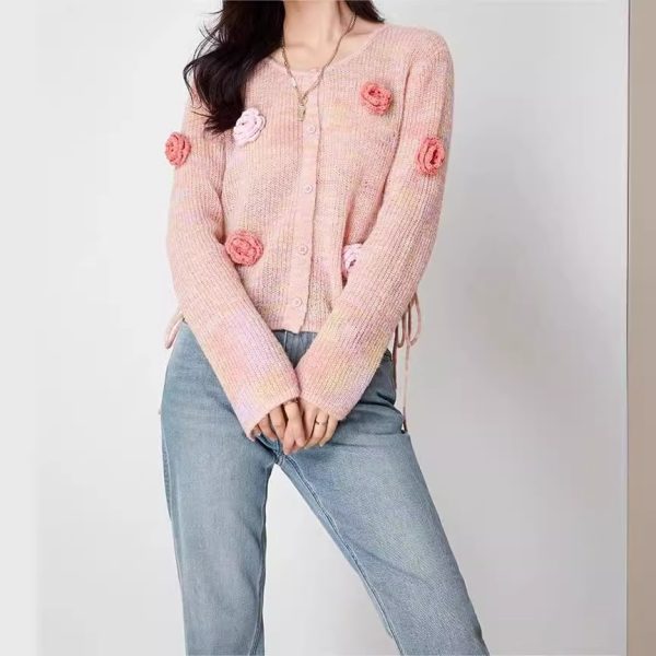 Handmade Pink Floral Thin Cardigan Sweater for Women