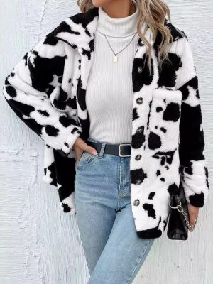 Best Seller Double Sided Plush Cow Pattern Pocket Top Coat for Women