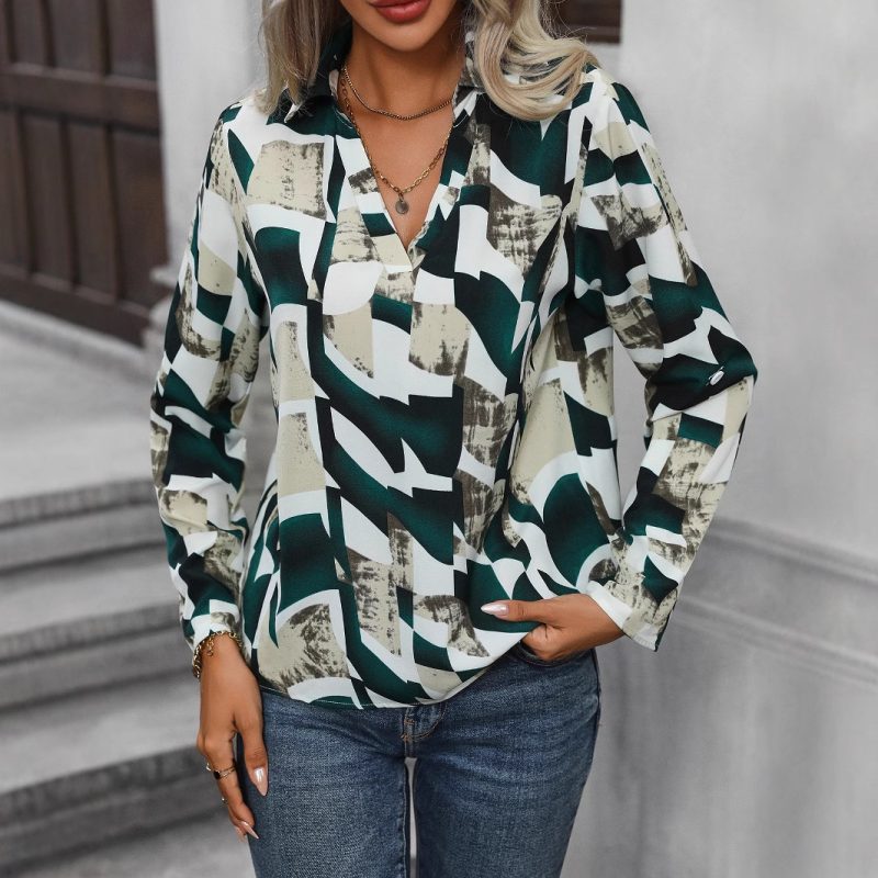 V-Neck Color Block Design Shirt for Women