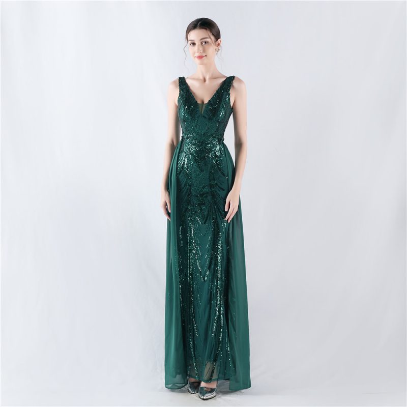 Floral Sequin Beaded Back Cloak Evening Dress for Events - Image 2