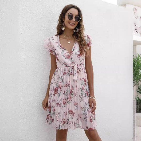 Women’s Summer V-Neck Lace-Up Waist Controlled Printed Dress - Image 3