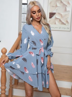 Feather Print V-Neck Ruffled Long Sleeve Dress for Women