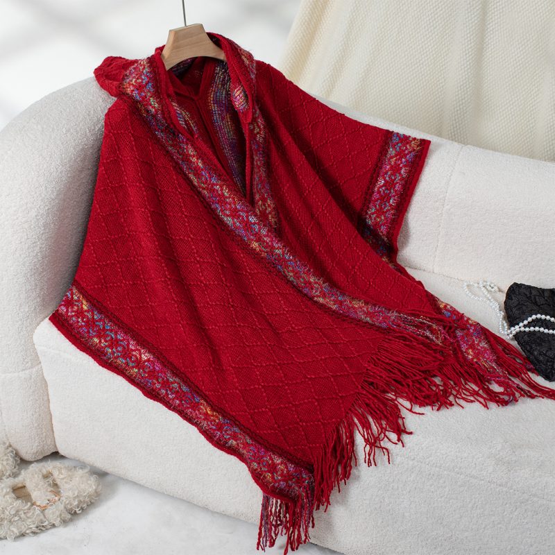 Autumn Winter Ethnic Knitted Hooded Tassel Cape Sweater Shawl for Women - Image 6
