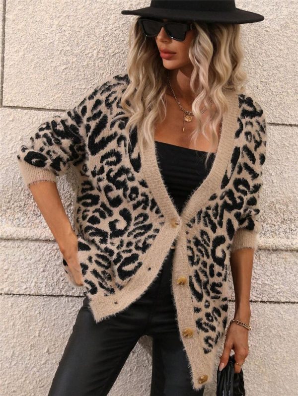 Leopard Print Oversized Knit Cardigan Sweater – Plush Loose Women’s Coat - Image 2