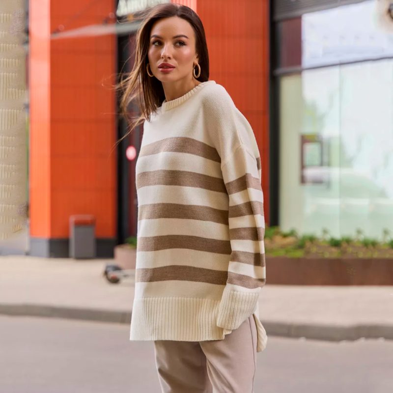 Round Neck Striped Pullover Split Sweater for Women - Image 3