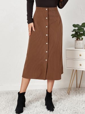 Autumn Winter High Waist Corduroy Maxi Skirt Single-Breasted