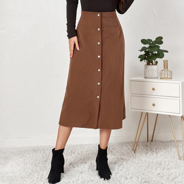 Autumn Winter High Waist Corduroy Maxi Skirt Single-Breasted