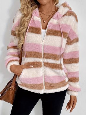 Autumn Winter Striped Double-Sided Plush Hooded Zipper Cardigan for Women