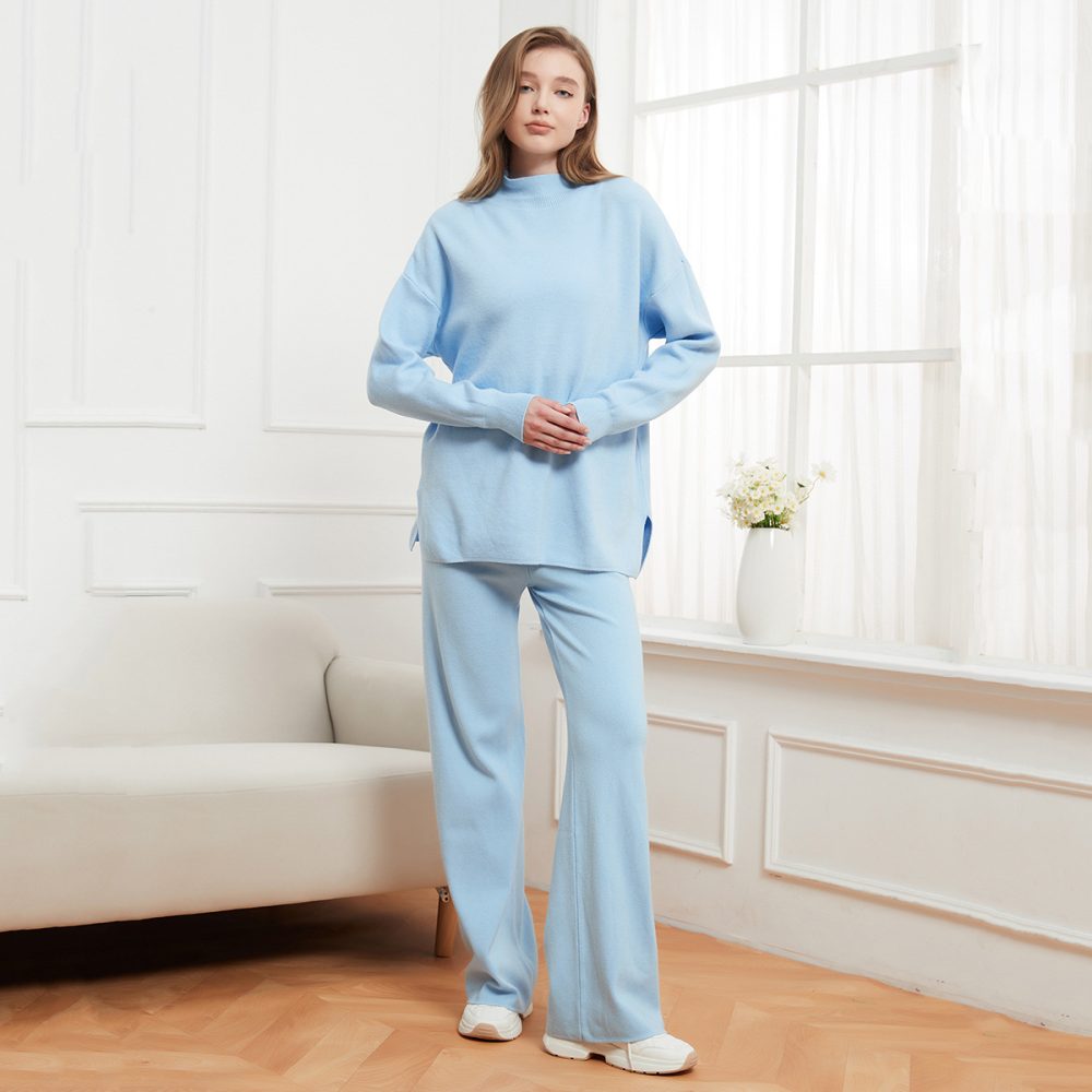 Solid Color Stand Collar Loose Pullover Sweater & Trousers Set