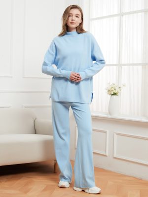 Solid Color Stand Collar Loose Pullover Sweater & Trousers Set