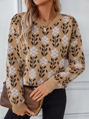 Autumn Winter Floral Jacquard Pullover Sweater for Women, Long Sleeve All-Match