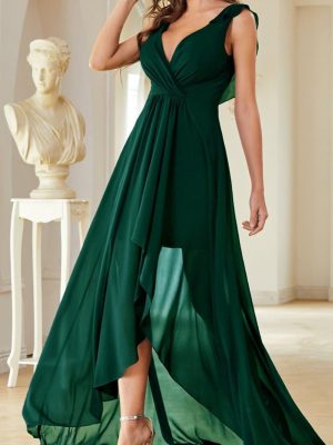 V Neck Chiffon Evening Dress Chest Pleated Backless Front Short Back Long Dance