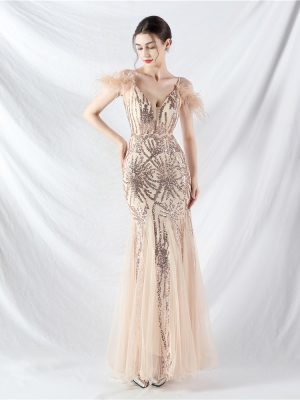 Ostrich Feather Mesh Sequin Sexy Sling Evening Dress