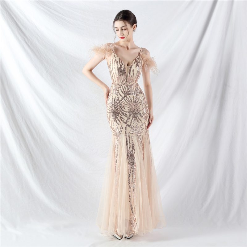 Ostrich Feather Mesh Sequin Sexy Sling Evening Dress