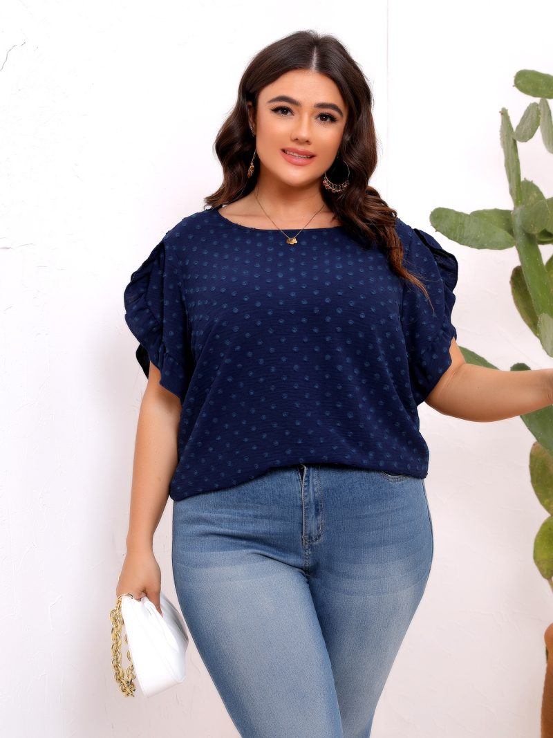 Plus Size Ruffle Sleeve Shirt – Round Neck Short Sleeve Blouse - Image 3