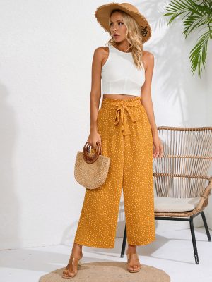 Loose Floral Summer Trousers for Women – Casual Lace-Up Design