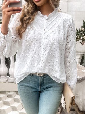 Hollow Out Puff Sleeve Embroidered Top – Elegant Autumn Style