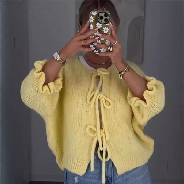 Round Neck Drawstring Lace Knitted Sweater Lazy Coat with Wrist Length Sleeves