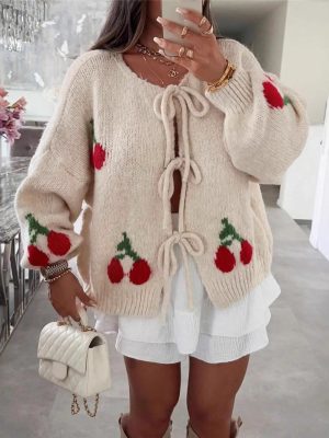 Autumn Winter Knitted Cardigan Loose Casual Sweater Tie Front Top