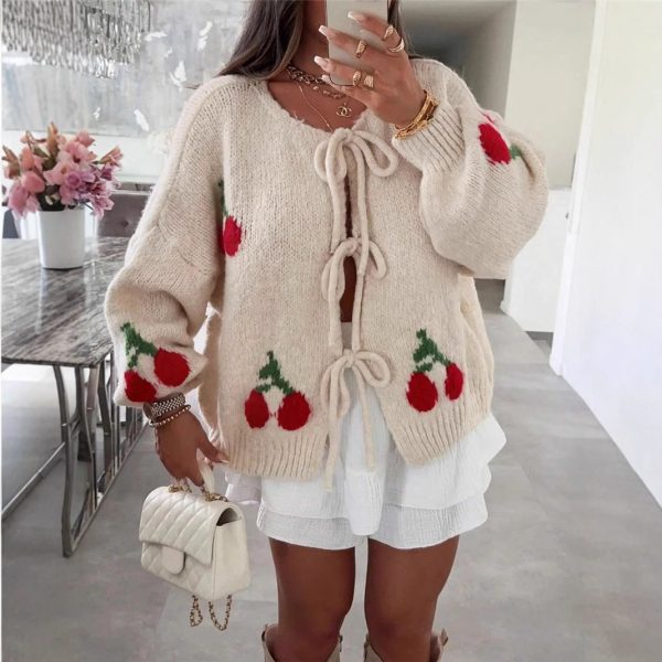 Autumn Winter Knitted Cardigan Loose Casual Sweater Tie Front Top