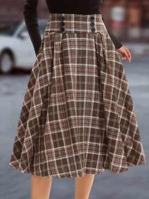 Classic Velvet Plaid Double Breasted High Waist A-Line Skirt