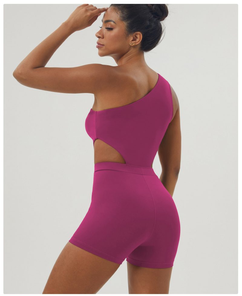 Slant Shoulder Sexy Yoga Jumpsuit Body Shaping Slim Fit Sports Shorts - Image 4