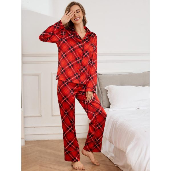 Women’s Red Silk Christmas Pajama Set – Long Sleeve & Trousers - Image 2