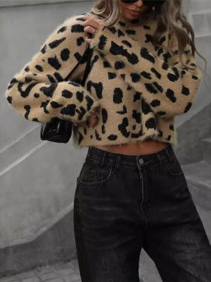 Autumn Winter Leopard Print Knitted Top for Women