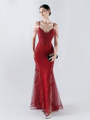 Heavy Embroidery Drilling Boning Corset Vest Lace Beaded High Fork Evening Dress