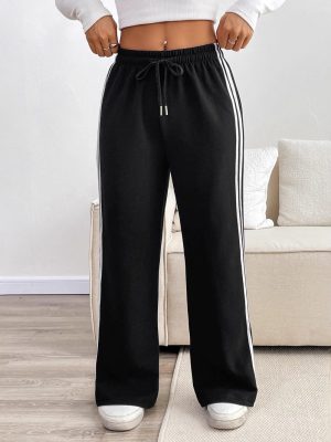 Casual Wide Leg Pants – Lace-Up Striped Side Women’s Trousers for Autumn Winter