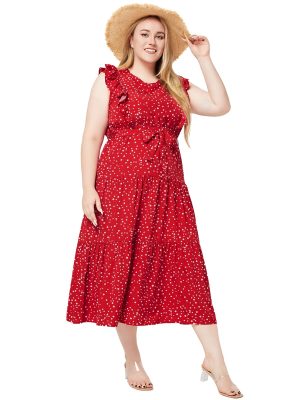 Plus Size Women Summer Round Neck Ruffled Sleeveless Polka Dot Dress