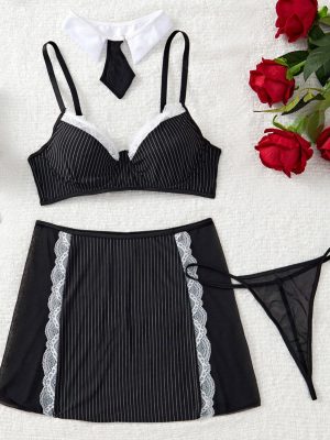 Striped Spaghetti Straps Bra & A-Line Skirt Sexy Role Play Set