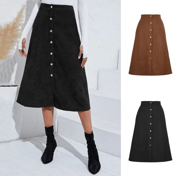 Autumn Winter High Waist Corduroy Maxi Skirt Single-Breasted - Image 4