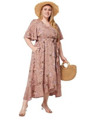 Plus Size Women Summer V Neck Short Sleeve Ruffled Printed Pocket Dress