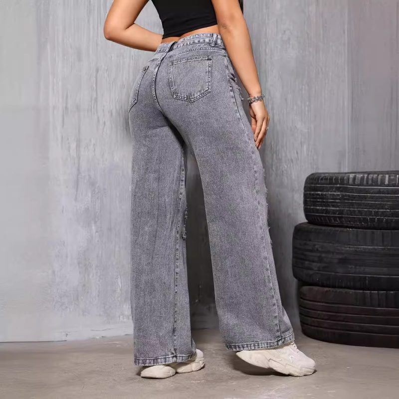 Women's Slimming Denim Straight Leg Pants with Holes - Image 2