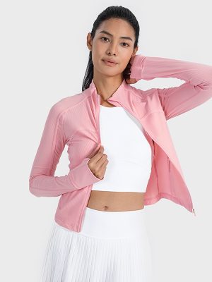 High Elastic Vertical Rib Yoga Jacket – Zippered Running Top