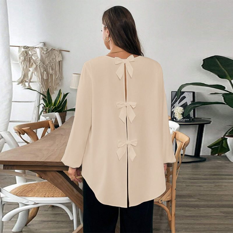 Plus Size Loose Slimming Bow T-Shirt – Comfortable Autumn Winter Blouse - Image 2