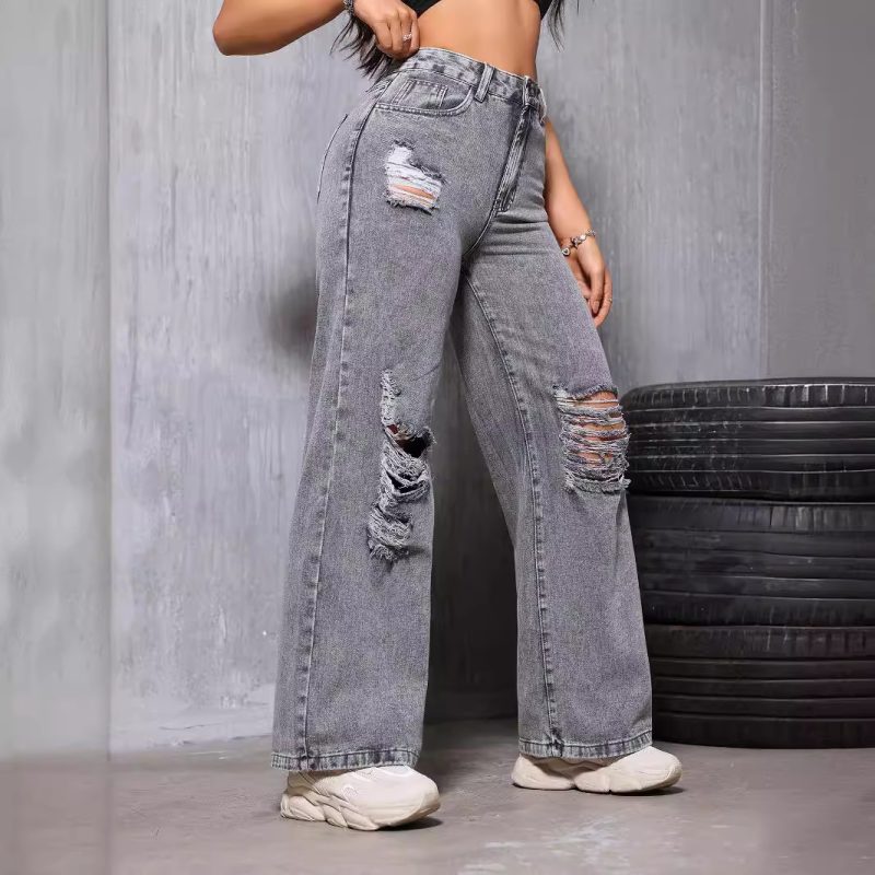 Women's Slimming Denim Straight Leg Pants with Holes - Image 4