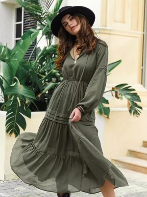 V-Neck Long Sleeve Chiffon Slimming Bohemian Dress for Women