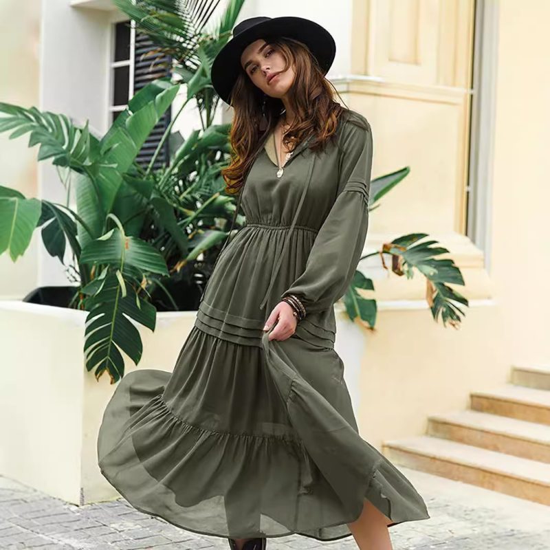 V-Neck Long Sleeve Chiffon Slimming Bohemian Dress for Women