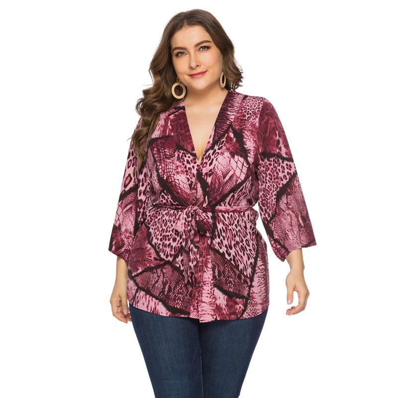 Plus Size Women Spring Autumn Loose Snake Pattern Lace-Up Top